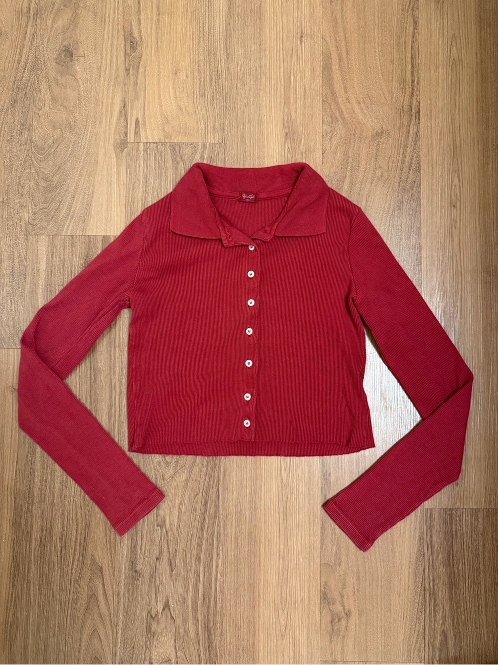 John Galt Long Sleeve Cropped Collared Knit Shirt in Red